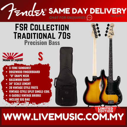 Fender FSR Collection Traditional 70s Precision Bass Guitar, RW FB, 3-Tone Sunburst