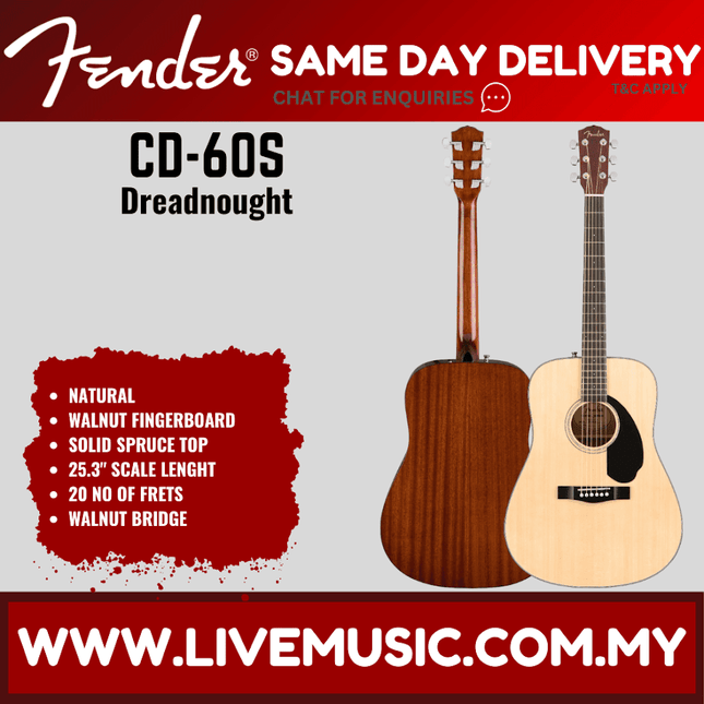 Natural dreadnought acoustic guitar with walnut nut & bridge, spruce top