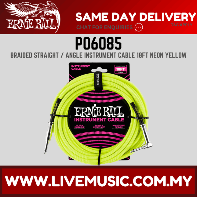 Ernie Ball 6085 Braided Straight to Right Angle Instrument Cable, Neon Yellow, 18ft