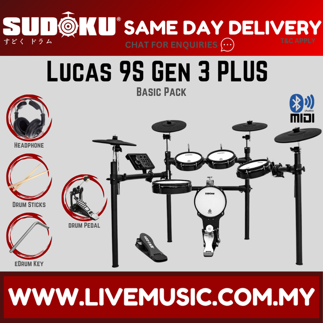 Electronic drum kit with mesh pads, cymbals, drum module, and drum accessories (Basic)