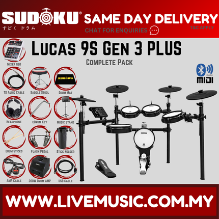 Sudoku Lucas 9S Gen3 PLUS Series Full Mesh Electronic Drum w/Drumsticks, Headphone, Pedals and Drum Keys ( Lucas-9s Lucas9s )