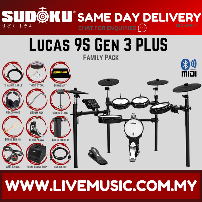 Electronic drum kit with mesh pads, cymbals, drum module, and accessories (Family Pack)