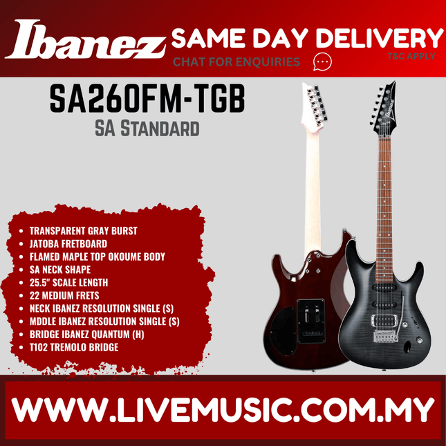 Ibanez SA260FM Electric Guitar, Transparent Gray Burst / Violin Sunburst / Blue Reef