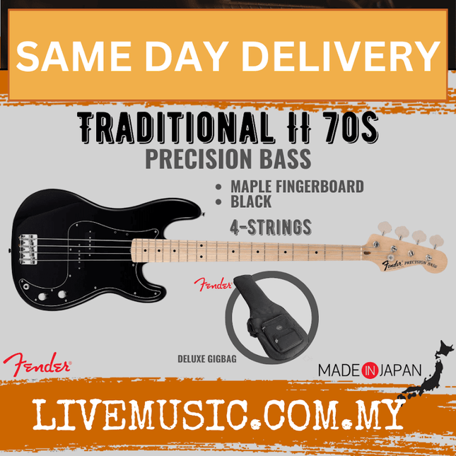 Black Precision Bass guitar with maple fretboard and 4-string headstock