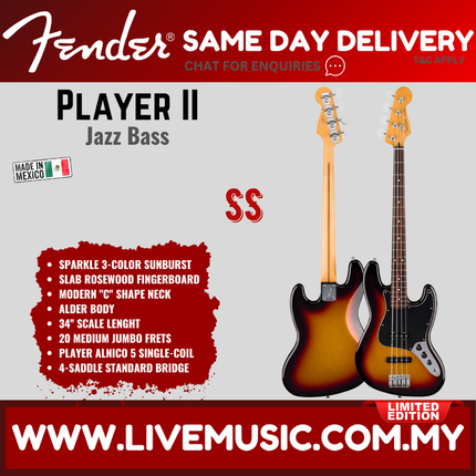 Fender Limited Edition Player II Jazz Bass Guitar, RW FB, Sparkle 3-Color Sunburst