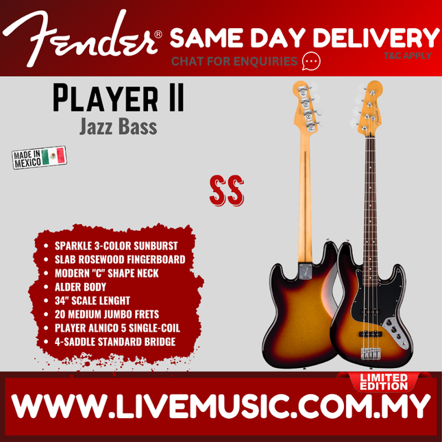 Fender Limited Edition Player II Jazz Bass Guitar, RW FB, Sparkle 3-Color Sunburst