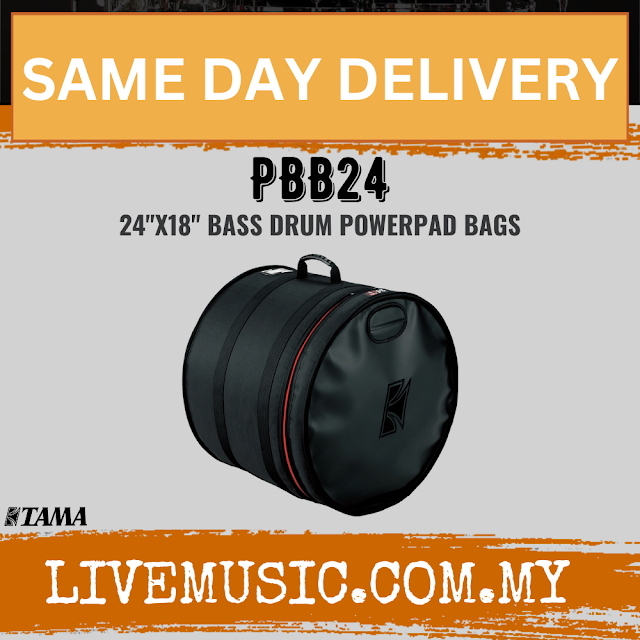 Tama PBB24 bass drum bag, black cylindrical Powerpad with red trim and handle