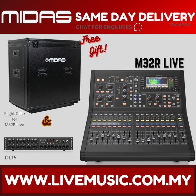 Midas M32R Live digital mixer with included flight case and rear input panel