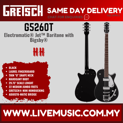 Gretsch G5260T Electromatic Jet Baritone Bigsby Electric Guitar, Black