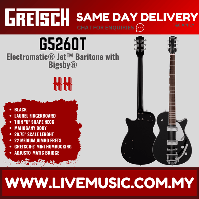 Gretsch G5260T Electromatic Jet Baritone Bigsby Electric Guitar, Black