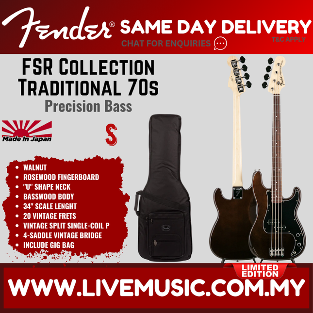 Fender FSR Collection Traditional 70s Precision Bass Guitar, RW FB, Walnut