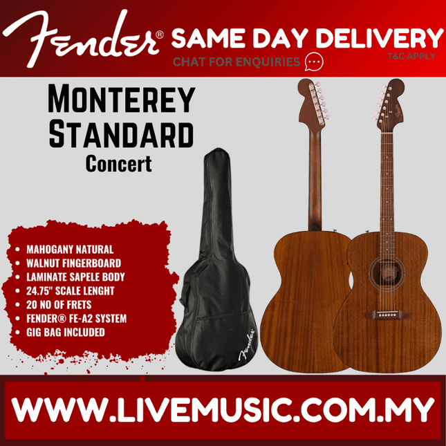 Fender Monterey acoustic guitar set with gig bag; walnut finish, compact concert size