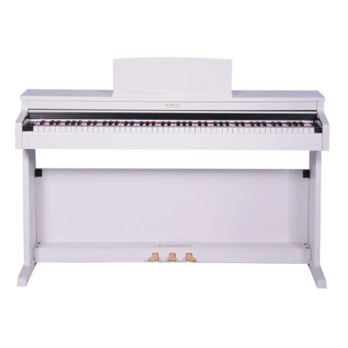 White 88-key digital electric piano keyboard with full-width display panel