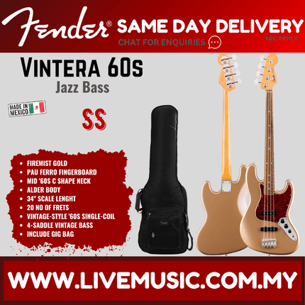 Fender Vintera 60s Jazz Bass Guitar, Pau Ferro Fretboard with Gig Bag - Firemist Gold