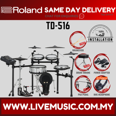Electronic drum set with black pads, cymbals, and kick drum on stands