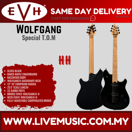 EVH Wolfgang Special TOM Electric Guitar, Baked Maple FB, Gloss Black (EVH-Wolfgang)