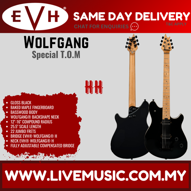 EVH Wolfgang Special TOM Electric Guitar, Baked Maple FB, Gloss Black (EVH-Wolfgang)