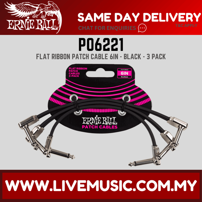 Ernie Ball 6221 Flat Ribbon Pedalboard Patch Cable, Right Angle to Right Angle, Black, 6-inch, 3-pack
