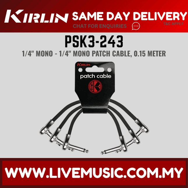 Kirlin PSK3-243 /BK 6 Inch Patch Cable Right Angle L Mono Plug For Electric Guitar Effect Pedal - 3 Pack (PSK3 243/PSK3243)