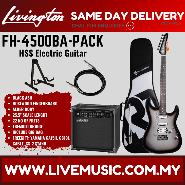 Livingston FH-4500-PACK Stratocaster HSS Electric Guitar w/GA15II Amplifier, Rosewood Fretboard - ( FH 4500 FH4500 )