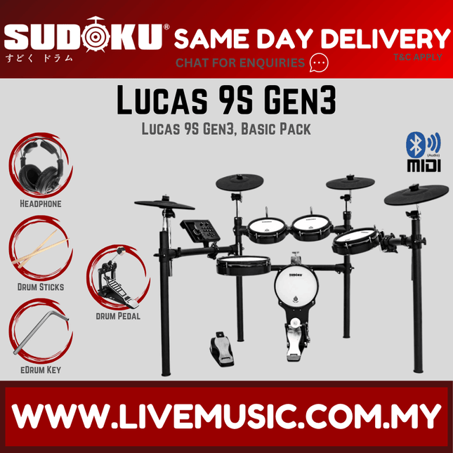 Sudoku Lucas 9S Gen3 Series Full Mesh Electronic Drum w/Drumsticks, Headphone, Pedals and Drum Keys ( Lucas-9s Lucas9s )