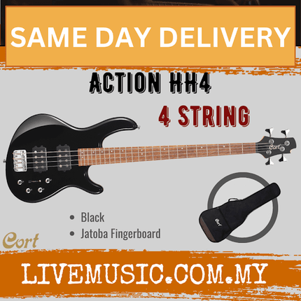 Black 4-string electric bass guitar with Jatoba fretboard and gig bag