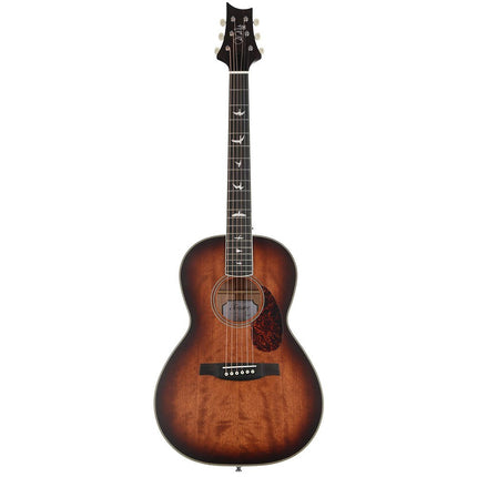 Tobacco sunburst acoustic parlor guitar, full body view with sound hole and bridge