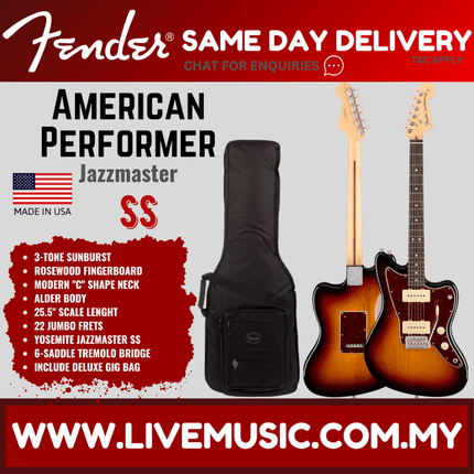 Fender American Performer Jazzmaster Electric Guitar, Rosewood Fretboard with Bag - 3-Tone Sunburst