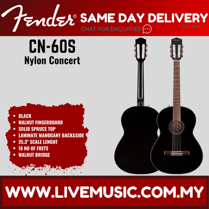 Fender CN-60S Nylon String Classical Guitar - Black / Natural ( CN60S / CN 60S )
