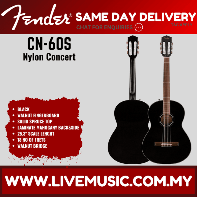 Fender CN-60S nylon string classical guitar with black body and natural bridge