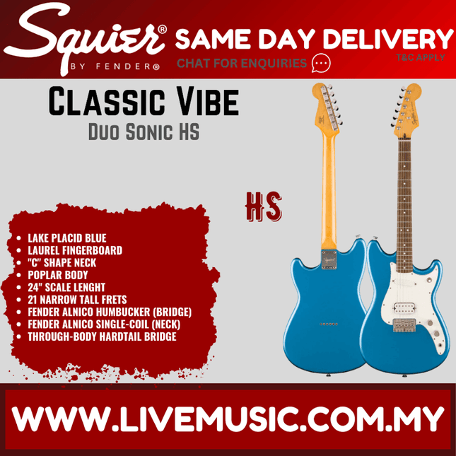 Squier Classic Vibe Duo-Sonic HS Electric Guitar, Laurel FB, Lake Placid Blue
