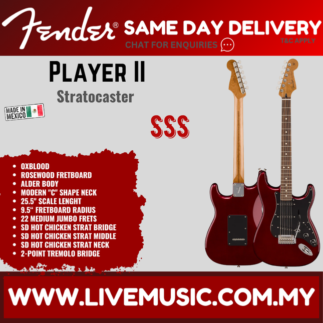 Fender Player II Stratocaster Electric Guitar, RW FB, Oxblood
