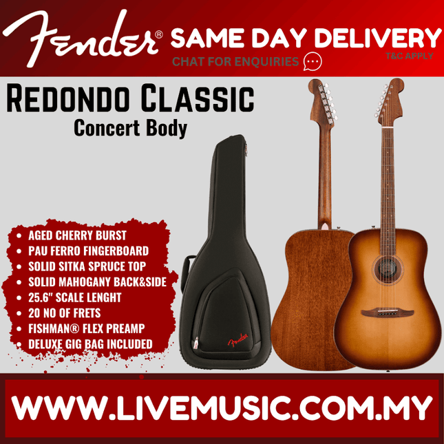 Fender California Redondo Classic Dreadnought Acoustic Guitar w/Bag, PF FB, Aged Cherry Burst