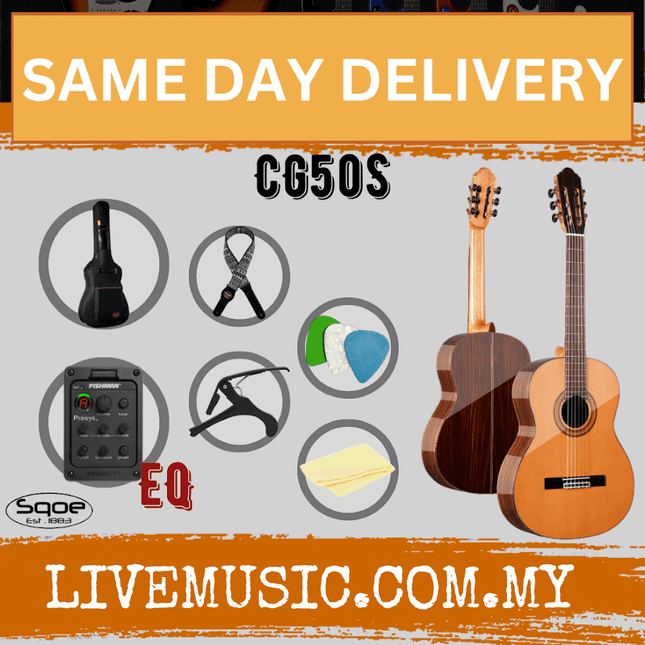 Sqoe CG50S 39" Solid Top Classical-Electric Guitar w/Gig Bag, Capo, Pick - Natural Gloss ( CG-50S CG 50S )