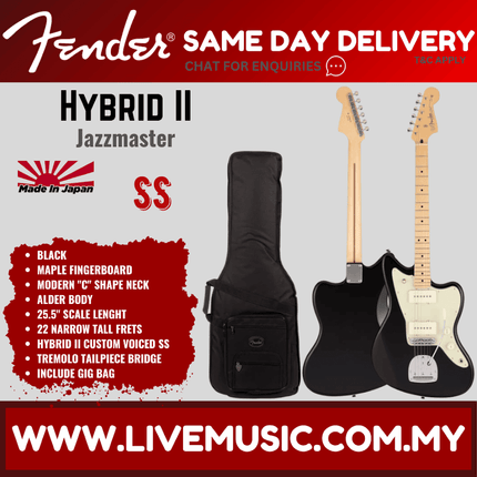 Fender Japan Hybrid II Jazzmaster Electric Guitar, Maple Fretboard with Gig Bag - Black