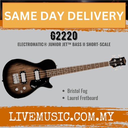 Short-scale jet bass guitar with Bristol Fog finish and Laurel fretboard