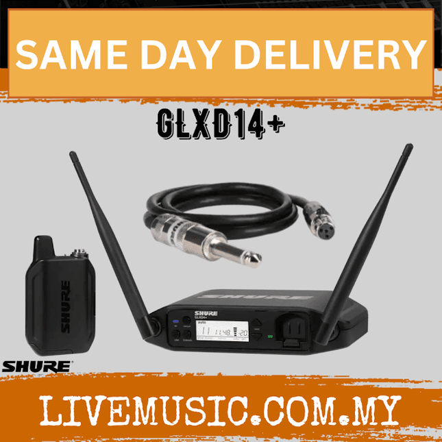 Shure GLXD14+ Digital Wireless Bodypack System with WA302 Guitar Cable W/Hard Case