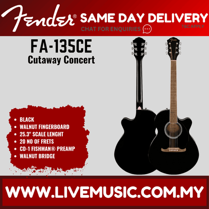Fender FA-135CE Concert Acoustic Guitar, Walnut FB, Black ( FA 135CE / FA135CE )