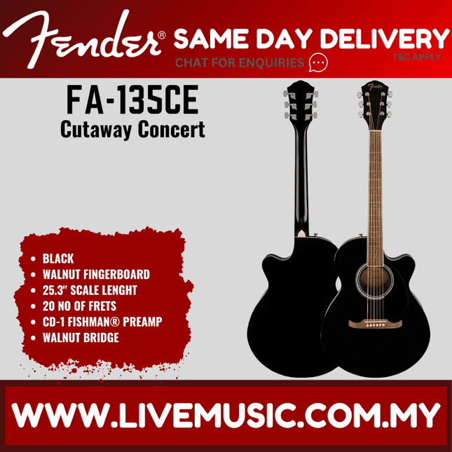 Fender FA-135CE Concert Acoustic Guitar, Walnut FB, Black ( FA 135CE / FA135CE )