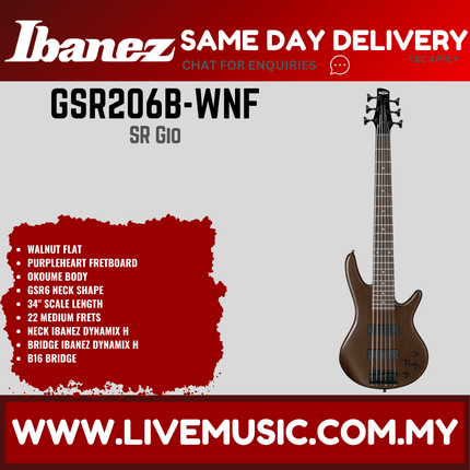 Ibanez GSR206B GIO Series 6-Strings Electric Bass Guitar - Walnut Flat (GSR206B-WNF)