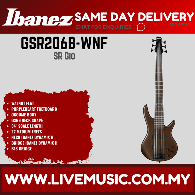 Ibanez GSR206B GIO Series 6-Strings Electric Bass Guitar - Walnut Flat (GSR206B-WNF)