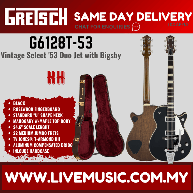 Gretsch G6128T-53 Vintage Select 53 Duo Jet Electric Guitar w/ Bigsby, Black