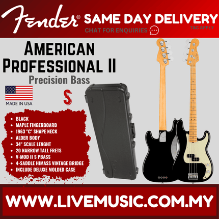 Fender American Professional II Precision Bass Electric Guitar, Maple Fretboard - Black