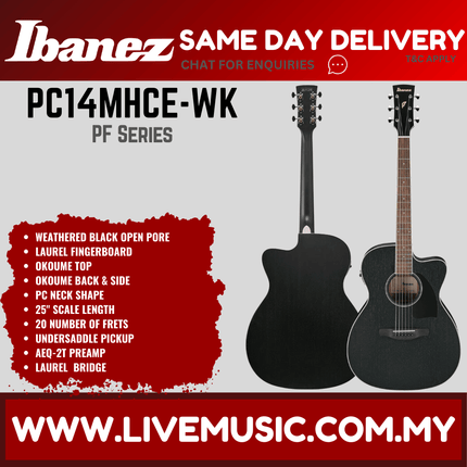 Weathered black acoustic-electric guitar with round sound hole and pickguard