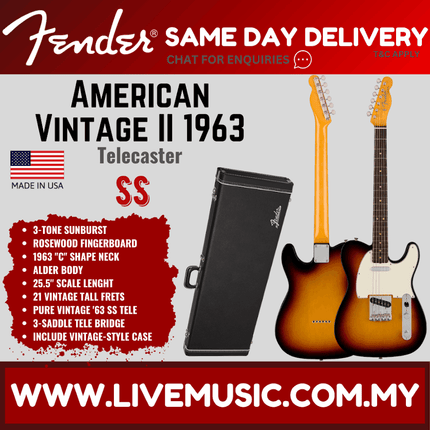 Fender American Vintage II 63 Telecaster Electric Guitar, RW FB, 3-Tone Sunburst