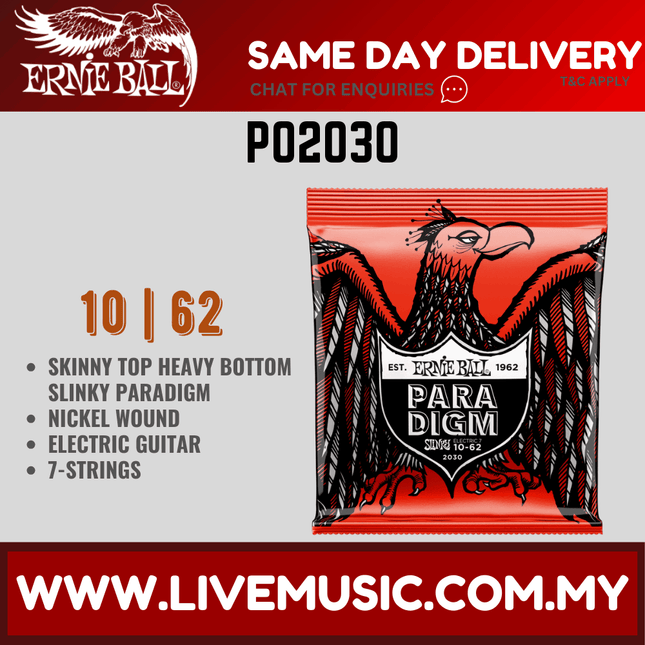 Ernie Ball 2030 Skinny Top Heavy Bottom Slinky Paradigm 7-string Electric Guitar Strings, 10-62 Gauge