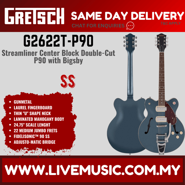 Gretsch G2622T-P90 Streamliner Center Block Double-Cut Electric Guitar, Laurel FB, Gunmetal