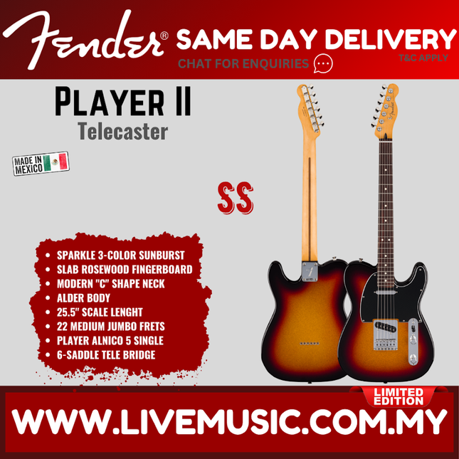 Fender Limited Edition Player II Telecaster Electric Guitar, RW FB, Sparkle 3-Color Sunburst
