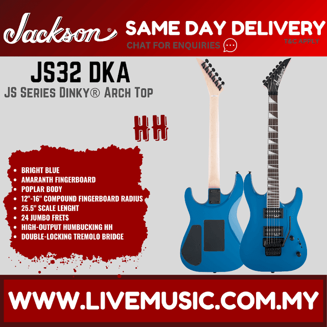 Jackson JS Series Dinky Archtop JS32 DKA Electric Guitar, Amaranth FB - Neon Orange/Bright Blue
