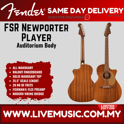 Fender FSR California Newporter Player Medium-Sized Acoustic Guitar, Walnut FB, All-Mahogany